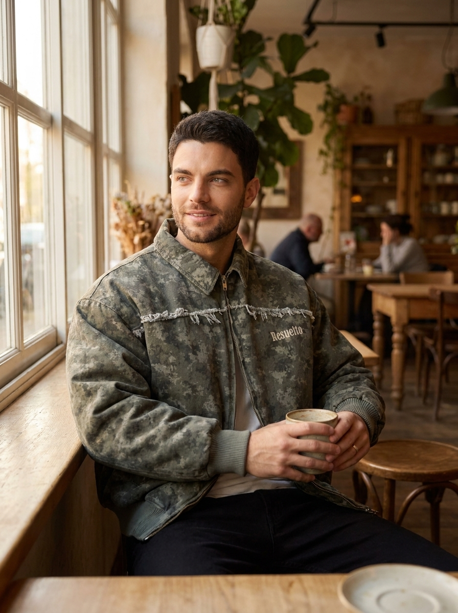 Modelo con la campera Core Bomber en un café