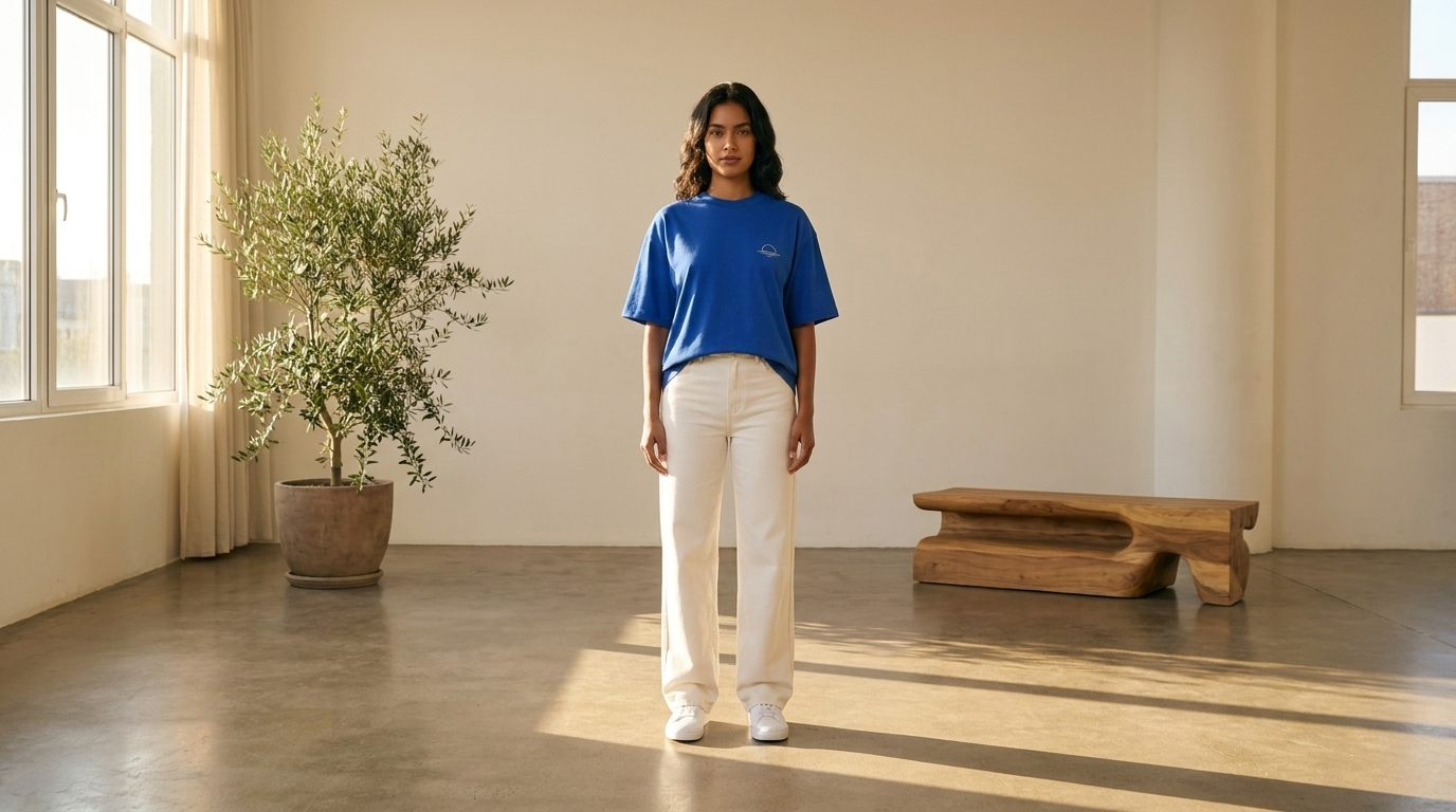 Modelo con la remera Cumbre en un ambiente amplio con planta y banco